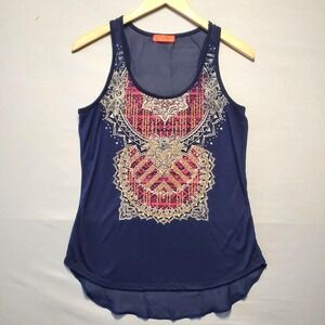 Spoiled Boho Mandala Tank Top Womens M Navy Chiffon Embellished Festival Indie